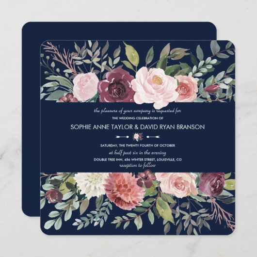 ブルゴーニュ赤面アイボリーフローラネイビーブルー結婚ズ 招待状 (正面/裏面)