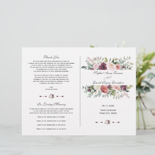 ブルゴーニュ赤面アイボリーフローラフレーム結婚式 プログラム (スタンド正面)