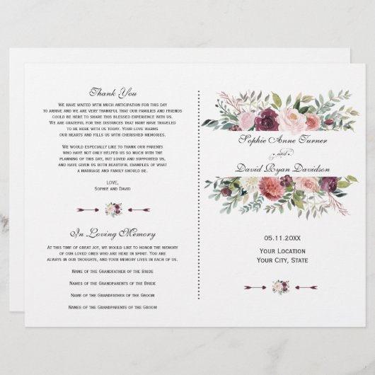 ブルゴーニュ赤面アイボリーフローラフレーム結婚式 プログラム (正面/裏面)