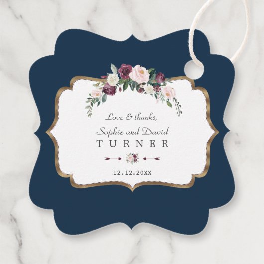 ブルゴーニュ赤面アイボリーフローラ金ゴールドネイビーブルー結婚ズ フェイバータグ (裏面)