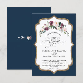 ブルゴーニュ赤面アイボリーフローラ開花結婚金ゴールド 招待状