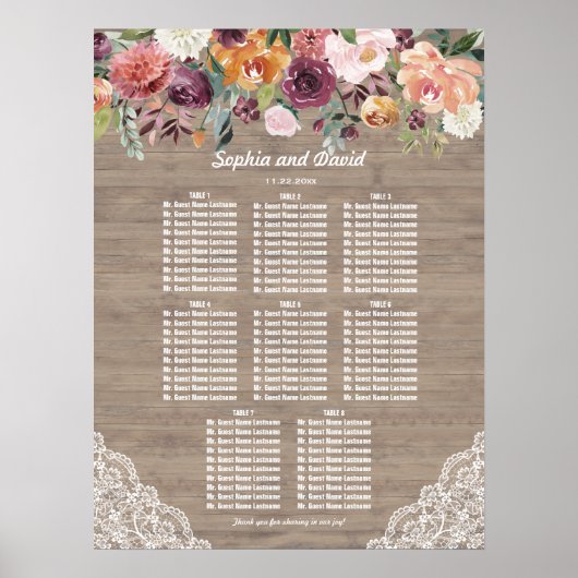 ブルゴーニュ赤面アイボリーレースウッドシーティングチャート ポスター (正面)