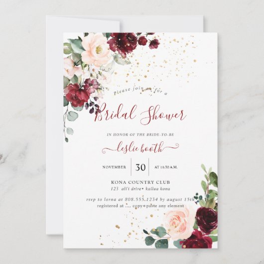 ブルゴーニュ赤面ウォーターカラーフラワーズブライダルシャワー 招待状 (正面)