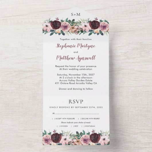 ブルゴーニュ赤面ウォーターカラー結婚フローラ オールインワン招待状 (内側)