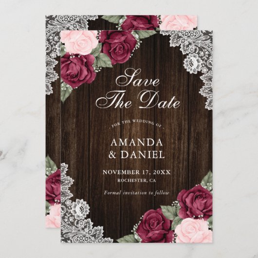 ブルゴーニュ赤面ウッド結婚フローラの写真 セーブザデート (正面/裏面)
