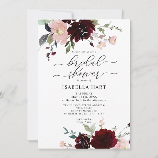 ブルゴーニュ赤面エレガントフローラワインブライダルシャワー 招待状 (正面)