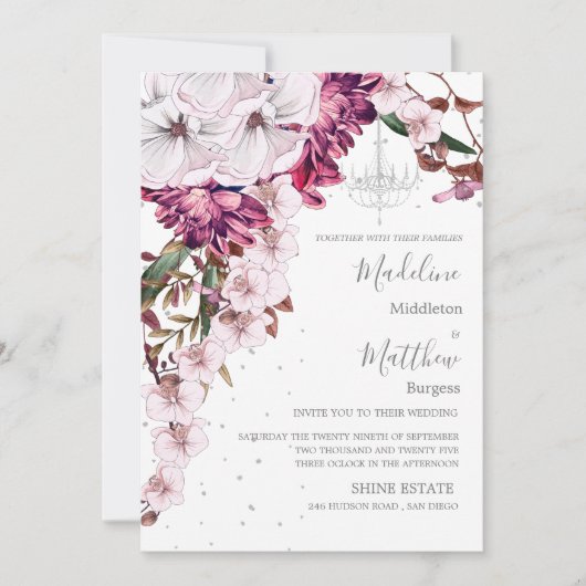 ブルゴーニュ赤面シャンデリアフローラエレガントな結婚式 招待状 (正面)