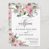 ブルゴーニュ赤面スクリプトフローラQRコード結婚s 招待状 (正面/裏面)