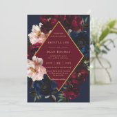 ブルゴーニュ赤面ダークネイビーブルーフローラ金ゴールド結婚ズ 招待状 (スタンド正面)