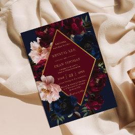 ブルゴーニュ赤面ダークネイビーブルーフローラ金ゴールド結婚ズ 招待状