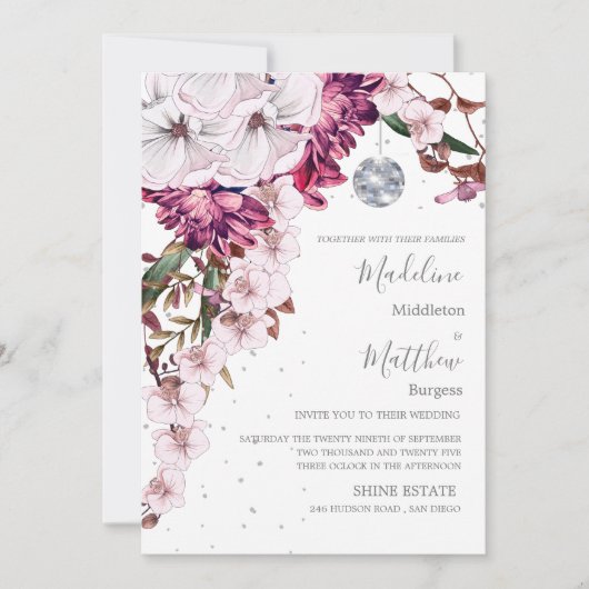 ブルゴーニュ赤面ディスコフローラ金ゴールドエレガントな結婚式 招待状 (正面)