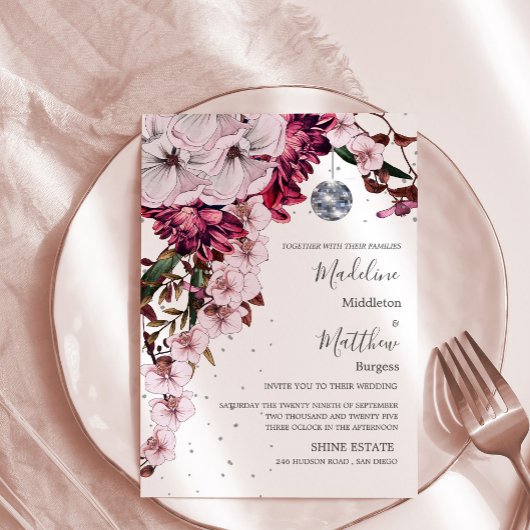 ブルゴーニュ赤面ディスコフローラ金ゴールドエレガントな結婚式 招待状