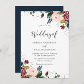 ブルゴーニュ赤面ネイビーインディゴ花模様ズ結婚ズ 招待状 (正面/裏面)