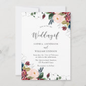 ブルゴーニュ赤面ネイビーインディゴ花模様ズ結婚ズ 招待状 (正面)