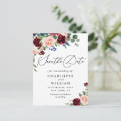 ブルゴーニュ赤面ネイビーバラウェディング日付を保存 ポストカード (スタンド正面)