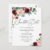 ブルゴーニュ赤面ネイビーバラウェディング日付を保存 ポストカード (正面/裏面)