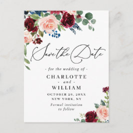 ブルゴーニュ赤面ネイビーバラウェディング日付を保存 ポストカード