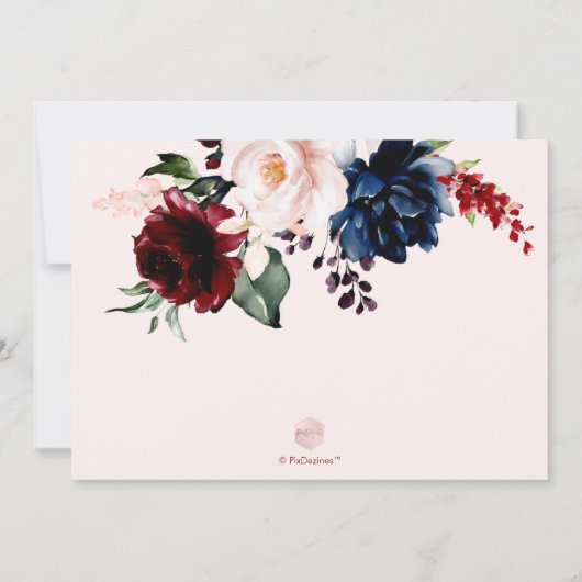 ブルゴーニュ赤面ネイビーフラワーズブライダルシャワー 招待状 (裏面)