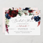 ブルゴーニュ赤面ネイビーフラワーズブライダルシャワー 招待状 (正面/裏面)