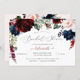 ブルゴーニュ赤面ネイビーフラワーズブライダルシャワー 招待状