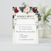 ブルゴーニュ赤面ネイビーフローラアーチキャノピー結婚ズ 出欠カード (スタンド正面)