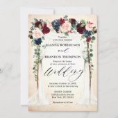 ブルゴーニュ赤面ネイビーフローラアーチキャノピー結婚ズ 招待状 (正面)