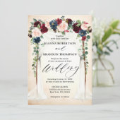 ブルゴーニュ赤面ネイビーフローラアーチキャノピー結婚ズ 招待状 (スタンド正面)