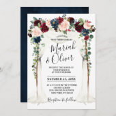 ブルゴーニュ赤面ネイビーフローラアーチキャノピー結婚ズ 招待状 (正面/裏面)