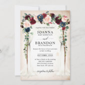 ブルゴーニュ赤面ネイビーフローラアーチキャノピー結婚ズ 招待状 (正面)