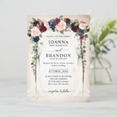 ブルゴーニュ赤面ネイビーフローラアーチキャノピー結婚ズ 招待状 (スタンド正面)