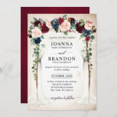 ブルゴーニュ赤面ネイビーフローラアーチキャノピー結婚ズ 招待状 (正面/裏面)