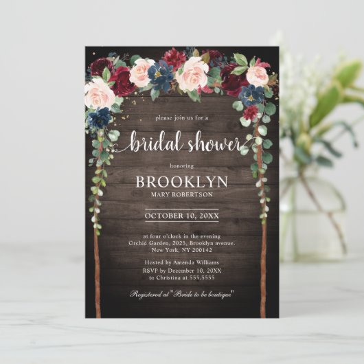 ブルゴーニュ赤面ネイビーフローラアーチブライダルシャワーインヴィ 招待状 (スタンド正面)