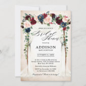 ブルゴーニュ赤面ネイビーフローラアーチブライダルシャワー 招待状 (正面)