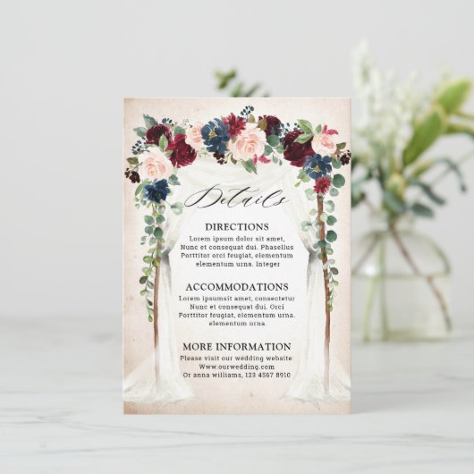 ブルゴーニュ赤面ネイビーフローラアー結婚チズ詳細 エンクロージャーカード (スタンド正面)