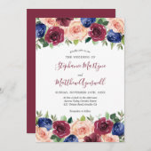 ブルゴーニュ赤面ネイビーフローラウォーター結婚カラー 招待状 (正面/裏面)