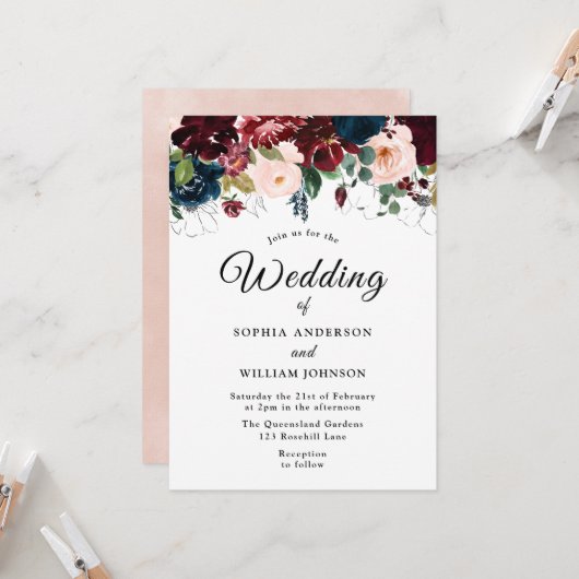 ブルゴーニュ赤面ネイビーフローラウォーター結婚カラー 招待状 (正面/裏面インサイチュ)