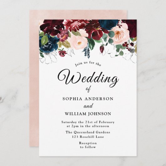 ブルゴーニュ赤面ネイビーフローラウォーター結婚カラー 招待状 (正面/裏面)