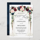 ブルゴーニュ赤面ネイビーフローラキャノピー婚約パーティ 招待状 (正面/裏面)