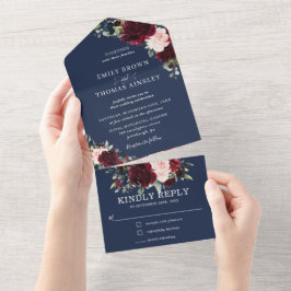 ブルゴーニュ赤面ネイビーフローラグリーン結婚リーA オールインワン招待状