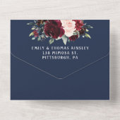 ブルゴーニュ赤面ネイビーフローラグリーン結婚リーA オールインワン招待状 (裏面)