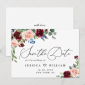 ブルゴーニュ赤面ネイビーフローラバラ結婚フローラ セーブザデート (正面/裏面)