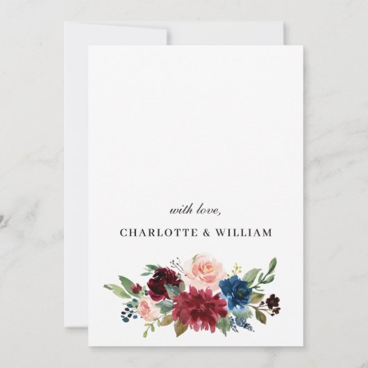 ブルゴーニュ赤面ネイビーフローラバラ結婚フローラ セーブザデート (裏面)