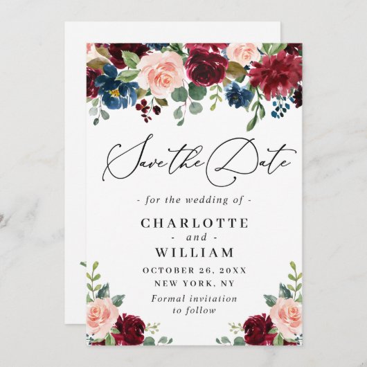 ブルゴーニュ赤面ネイビーフローラバラ結婚フローラ セーブザデート (正面/裏面)