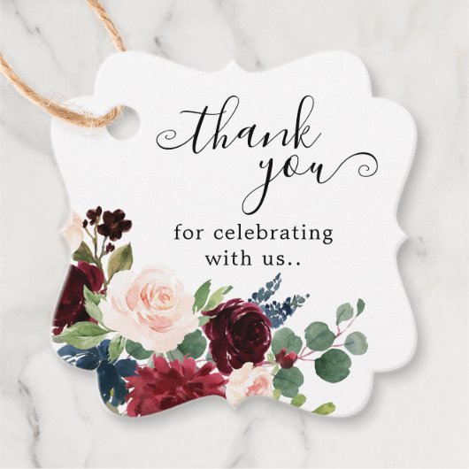 ブルゴーニュ赤面ネイビーフローラブロッサムブライダルシャワー フェイバータグ (正面)