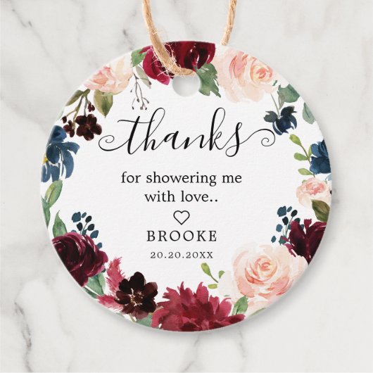 ブルゴーニュ赤面ネイビーフローラブロッサムブライダルシャワー フェイバータグ (正面)