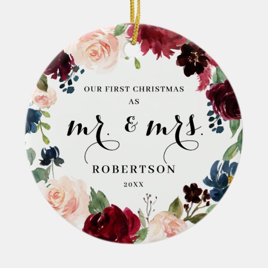 ブルゴーニュ赤面ネイビーフローラ初めてのクリスマス セラミックオーナメント (正面)