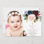 ブルゴーニュ赤面ネイビーブルーフローラガールバプテスマ写真 招待状 (正面)