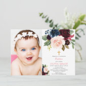 ブルゴーニュ赤面ネイビーブルーフローラガールバプテスマ写真 招待状 (スタンド正面)
