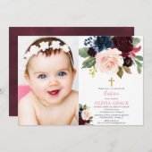 ブルゴーニュ赤面ネイビーブルーフローラガールバプテスマ写真 招待状 (正面/裏面)