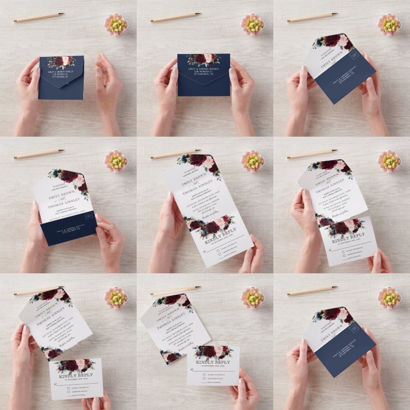 ブルゴーニュ赤面ネイビーブルーフローラグリーナリー結婚ズ オールインワン招待状